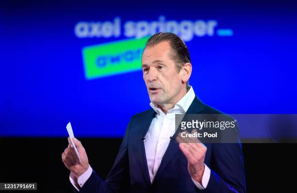 Mathias Döpfner, CEO of Axel Springer SE, speaks at the opening of the Axel Springer Award ceremony, which is broadcast on the Internet, to Ugur...