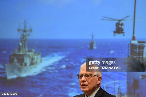 Vice-President of the European Commission and head of the EU Foreign Affairs and Security Policy, Spains Josep Borrell holds a press conference...