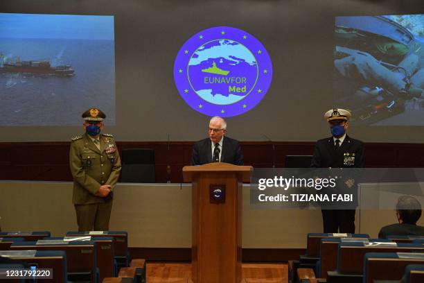 Vice-President of the European Commission and head of the EU Foreign Affairs and Security Policy, Spains Josep Borrell , flanked by Italian Army...