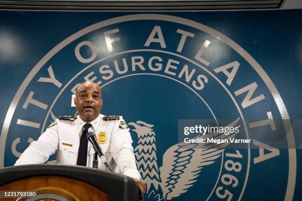 Deputy Police Chief Charles Hampton Jr. Speaks at a news conference on March 18, 2021 in Atlanta, Georgia. Suspect Robert Aaron Long was arrested...