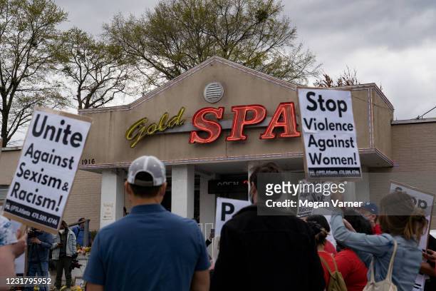 Activists demonstrate outside Gold Spa following Tuesday night's shooting where three women were gunned down on March 18, 2021 in Atlanta, Georgia....
