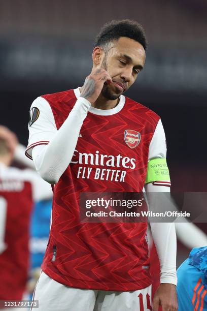 Pierre-Emerick Aubameyang of Arsenal looks dejected during the UEFA Europa League Round of 16 Second Leg match between Arsenal and Olympiacos at...