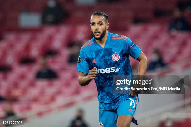 Youssef El-Arabi of Olympiacos during the UEFA Europa League Round of 16 Second Leg match between Arsenal and Olympiacos at Emirates Stadium on March...