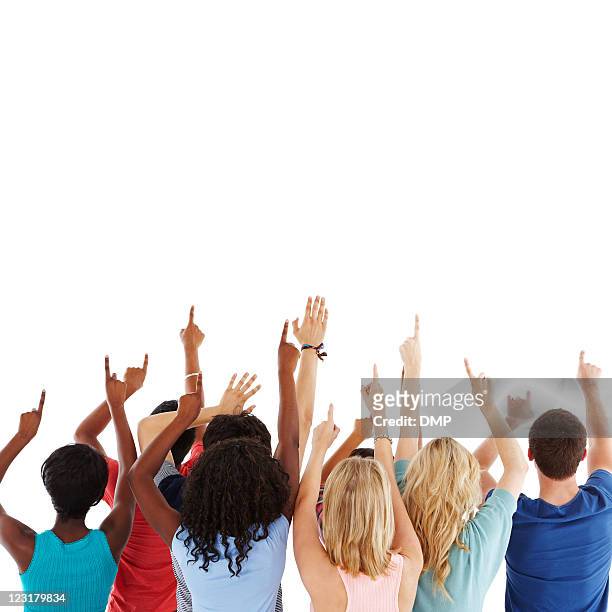 diverse teens pointing to the sky - isolated - crowd cheering stock pictures, royalty-free photos & images