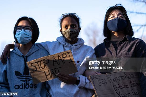 Women march during the "Asian Solidarity March" rally against anti-Asian hate in response to recent anti-Asian crime on March 18, 2021 in...