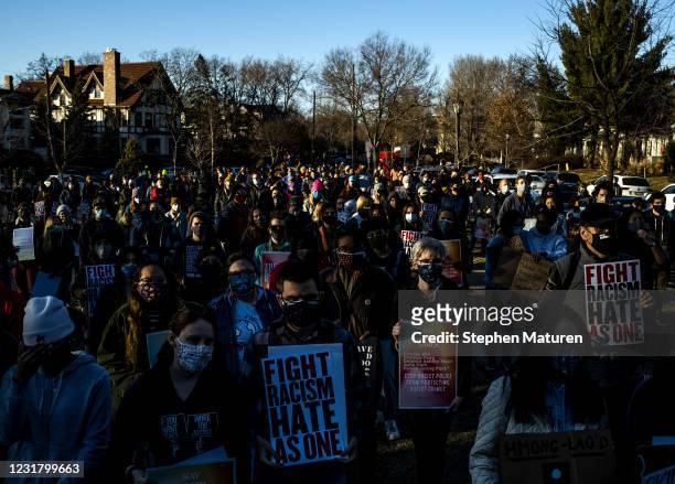 People rally at a park to protest against anti-Asian violence on March 18, 2021 in Minneapolis, Minnesota. Demonstrations have taken place across the...