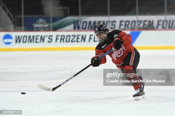 Sophie Jaques of the Ohio State Buckeyes attempts a shot on goal in the third period of the Semifinal game against the Wisconsin Badgers during the...