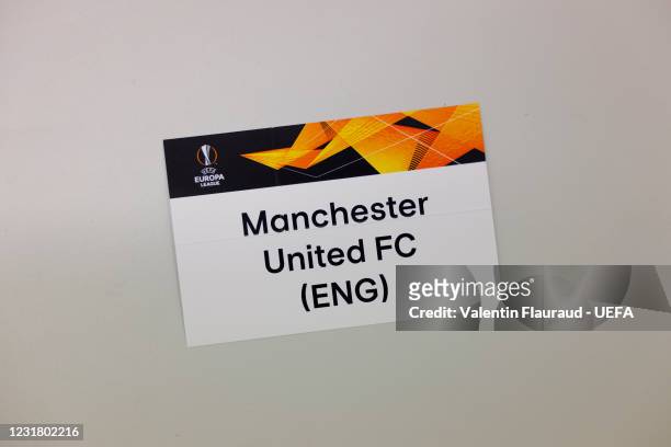 The Manchester United FC card during the UEFA Europa League 2020/21 Quarter-finals and Semi-finals draw at the UEFA headquarters, The House of...