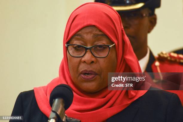 New Tanzanian President Samia Suluhu Hassan addresses after swearing-in ceremony as the country's first female President after the sudden death of...