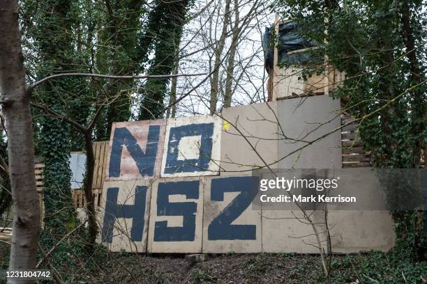 Section of Stop HS2s Wendover Active Resistance Camp in woodland threatened by the HS2 high-speed rail link project is pictured on 18th March 2021 in...