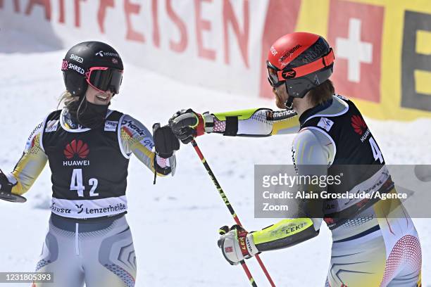 Kristina Riis-johannessen of Norway reacts, Leif Kristian Nestvold-haugen of Norway reacts during the Audi FIS Alpine Ski World Cup Team Parallel...