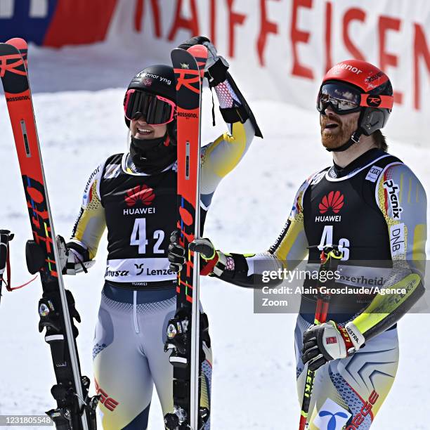 Kristina Riis-johannessen of Norway, Leif Kristian Nestvold-haugen of Norway react during the Audi FIS Alpine Ski World Cup Team Parallel Slalom on...