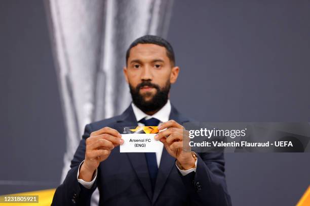 Special guest Gaël Clichy draws out the card of Arsenal FC during the UEFA Europa League 2020/21 Quarter-finals and Semi-finals draw at the UEFA...