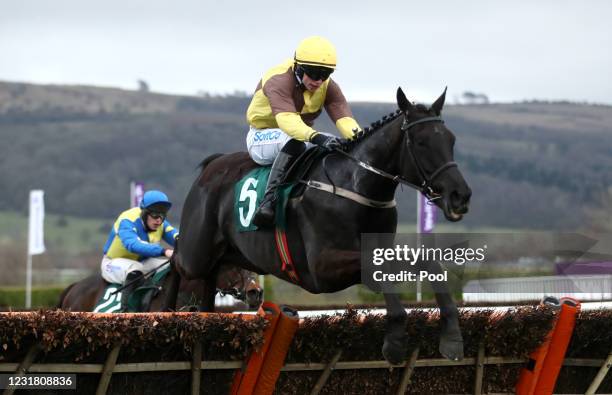 Galopin Des Champs ridden by Sean O'Keeffe jumps the last to win The Martin Pipe Conditional Jockeys' Handicap Hurdle during day four of the...