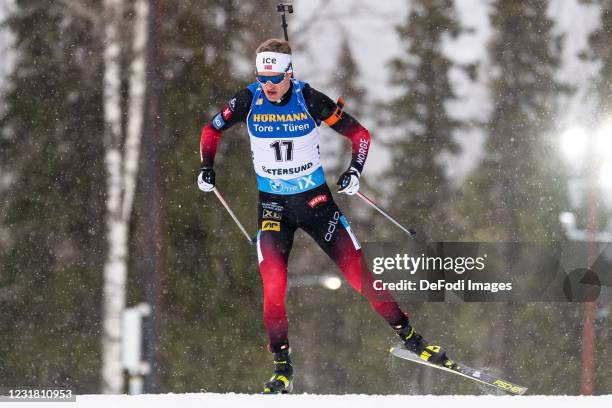 Tarjei Boe of Norway in action competes during the Men 10 km Sprint Competition at the IBU World Championships Biathlon Ostersund on March 19, 2021...