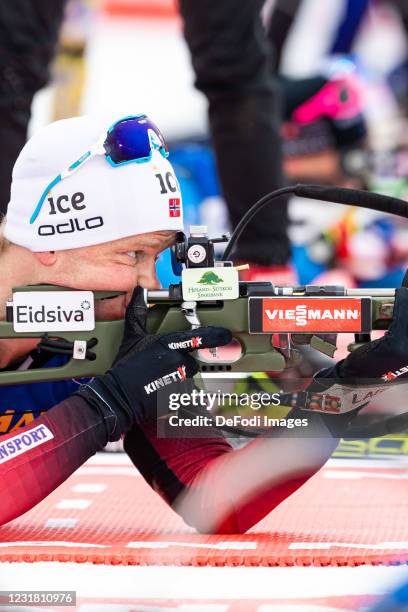 Johannes Dale of Norway at the shooting range during the Men 10 km Sprint Competition at the IBU World Championships Biathlon Ostersund on March 19,...