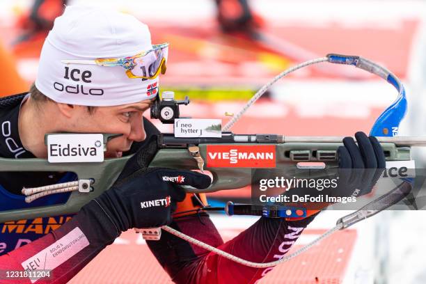 Vetle Sjaastad Christiansen of Norway at the shooting range during the Men 10 km Sprint Competition at the IBU World Championships Biathlon Ostersund...