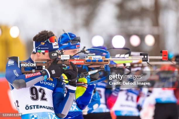 Tommaso Giacomel of Italy at the shooting range during the Men 10 km Sprint Competition at the IBU World Championships Biathlon Ostersund on March...