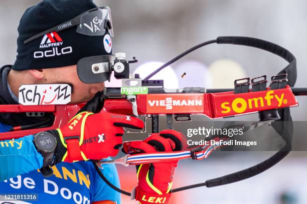 Fabien Claude of France at the shooting range during the Men 10 km Sprint Competition at the IBU World Championships Biathlon Ostersund on March 19,...