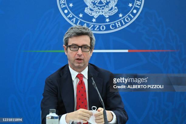 Italy's Minister for Labour and Social Policy, Andrea Orlando speaks during a joint press conference with Italy's Prime Minister and Italy's Economy...