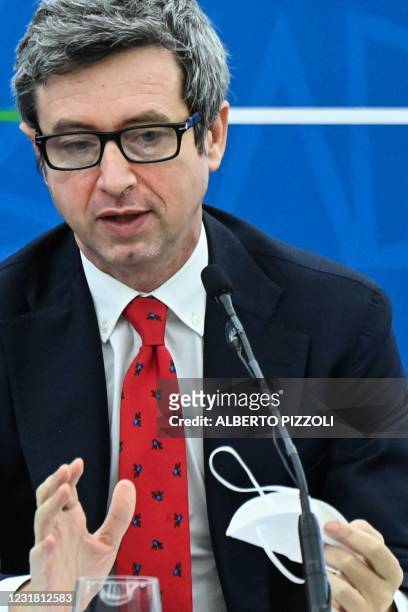 Italy's Minister for Labour and Social Policy, Andrea Orlando speaks during a joint press conference with Italy's Prime Minister and Italy's Economy...
