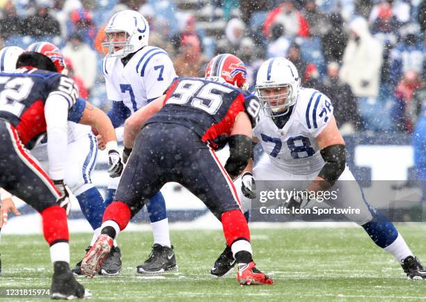 Indianapolis Colts guard Mike Pollak blocks Buffalo Bills defensive tackle Kyle Williams at Ralph Wilson Stadium in Orchard Park, NY.