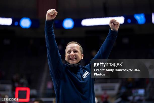 Head coach Paul Mills of Oral Roberts University celebrates upsetting Ohio State University in the first round of the 2021 NCAA Division I Mens...