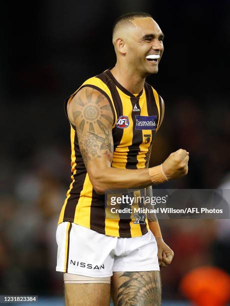 Shaun Burgoyne of the Hawks celebrates during the 2021 AFL Round 01 match between the Essendon Bombers and the Hawthorn Hawks at Marvel Stadium on...