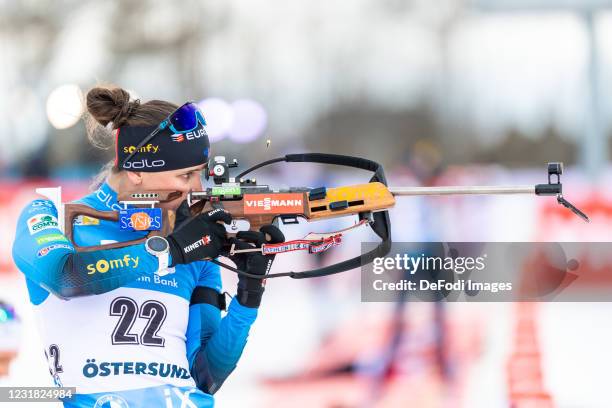 Julia Simon of France at the shooting range during the Women 10 km Pursuit Competition at the IBU World Championships Biathlon Ostersund on March 20,...
