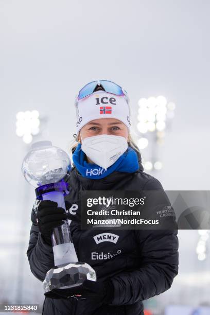 Tiril Eckhoff of Norway poses with the crystal globe for the winning the Women 10 km Pursuit Competition at the IBU World Championships Biathlon Oslo...
