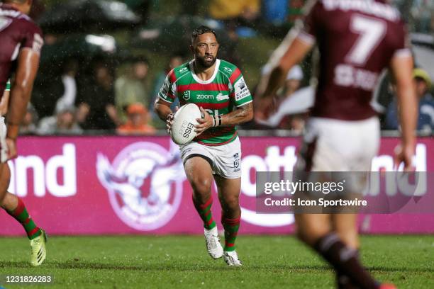 Benji Marshall of the Rabbitohs runs the ball during the round two NRL match between the Manly Sea Eagles and South Sydney Rabbitohs at Lottoland on...