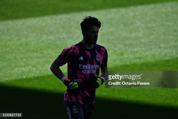 Diego Altube of Real Madrid in action during the warmup prior to the La Liga Santander match between RC Celta and Real Madrid at Abanca-Balaídos on...