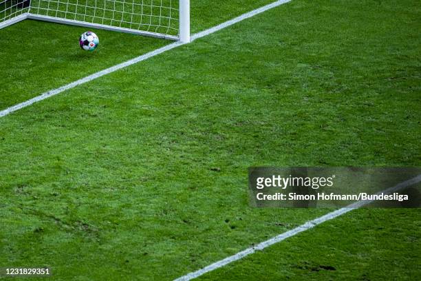 The ball crosses the goal line as Robert Andrich of Union Berlin scores an own net goal during the Bundesliga match between Eintracht Frankfurt and...