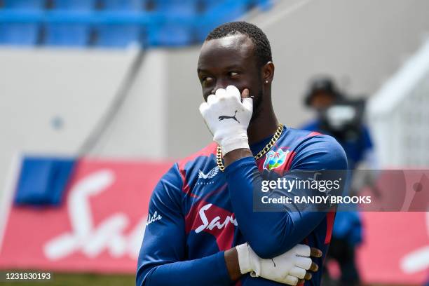 Kemar Roach of West Indies takes part in a training session one day ahead of the 1st Test between West Indies and Sri Lanka, at Vivian Richards...