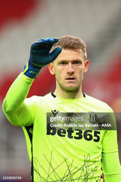 Adam Davies of Stoke City during the Sky Bet Championship match between Stoke City and Derby County at Bet365 Stadium on March 20, 2021 in Stoke on...