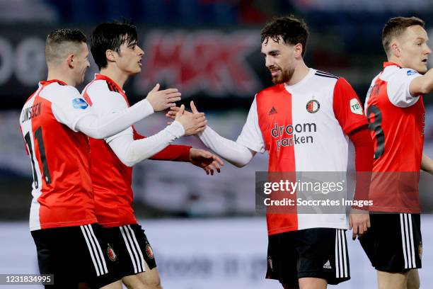 Orkun Kokcu of Feyenoord celebrates 1-0 with Bryan Linssen of Feyenoord, Joao Carlos Teixeira of Feyenoord during the Dutch Eredivisie match between...