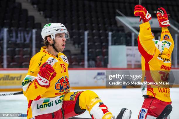 Marc-Antoine Pouliot of EHC Biel celebrates his goal during the Swiss National League game between Lausanne HC and EHC Biel-Bienne at Vaudoise Arena...