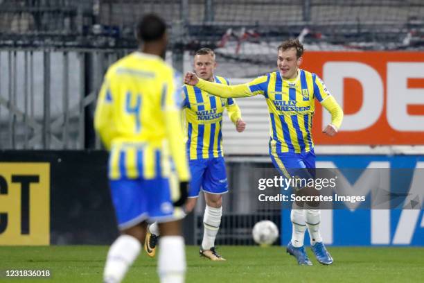 Thijs Oosting of RKC Waalwijk celebrates 1-0 during the Dutch Eredivisie match between RKC Waalwijk v FC Groningen at the Mandemakers Stadium on...