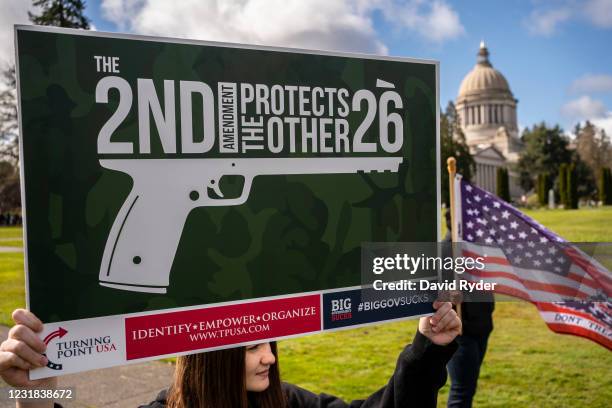 Demonstrators gather for a Second Amendment rally at the Washington State Capitol on March 20, 2021 in Olympia, Washington. The event, billed as a...