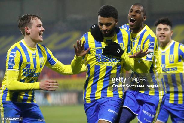 Sylla Sow of RKC Waalwijk celebrates 3-1 with Said Bakari of RKC Waalwijk, Thijs Oosting of RKC Waalwijk, during the Dutch Eredivisie match between...
