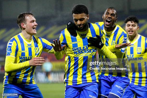 Sylla Sow of RKC Waalwijk celebrates 3-1 with Said Bakari of RKC Waalwijk, Thijs Oosting of RKC Waalwijk, during the Dutch Eredivisie match between...