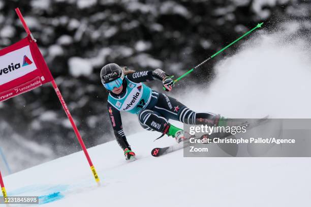 Alice Robinson of New Zealand in action during the Audi FIS Alpine Ski World Cup Women's Giant Slalom on March 21, 2021 in Lenzerheide, Switzerland.