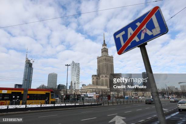 Sign forbidding taxi's to park is seen along Marszalkowska street in Warsaw, Poland on March 20, 2020. The Polish health ministry imposed a country...