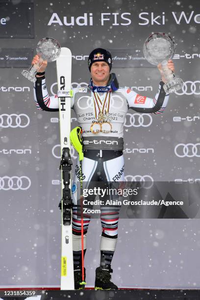 Alexis Pinturault of France takes 1st place in the overall standings during the Audi FIS Alpine Ski World Cup Men's on March 21, 2021 in Lenzerheide,...