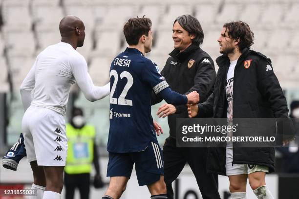 Benevento's Italian coach Filippo Inzaghi celebrates at the end of the Italian Serie A football match Juventus Turin vs Benevento on March 21, 2021...