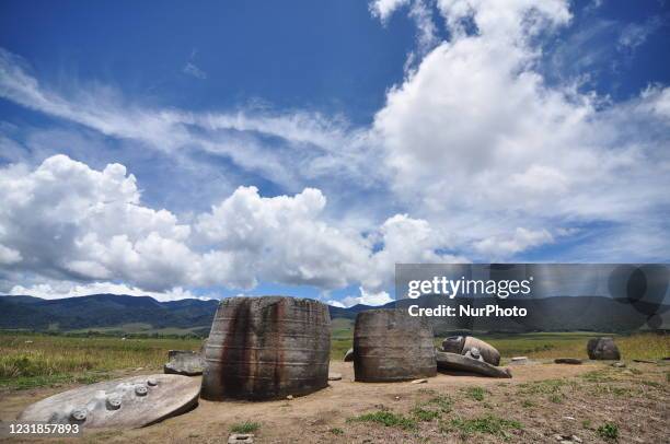Megalithic objects shaped like water reservoirs with carved human faces around them are intact in the Besoa Valley, Poso Regency, Central Sulawesi...