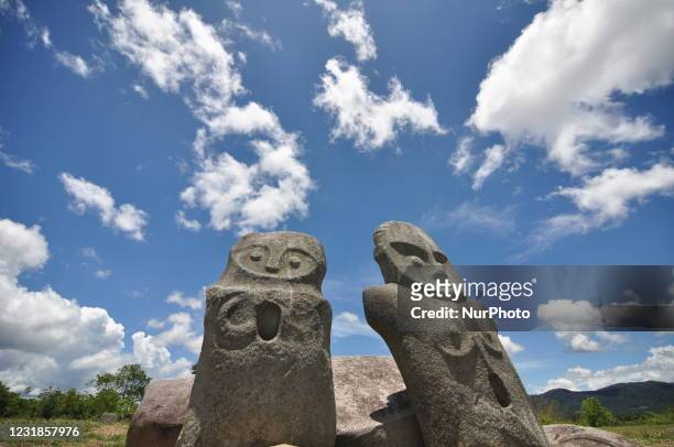 Pair of Pokekea megalithic statues that look like husband and wife are found in the Besoa Valley, Poso Regency, Central Sulawesi Province, Sunday,...