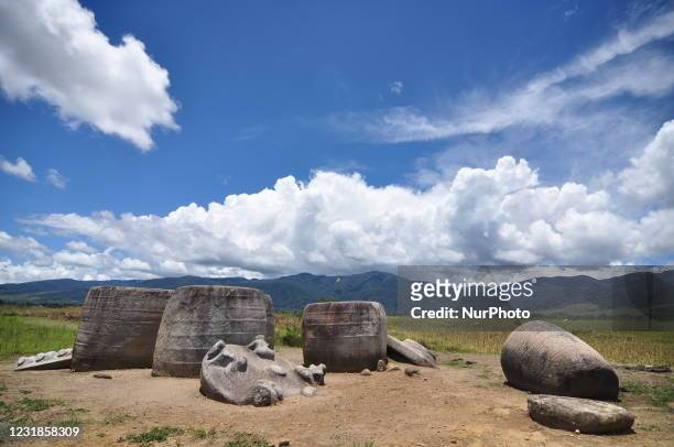 Four megalithic objects in the form of water reservoirs are displayed intact in the Besoa Valley, Poso Regency, Central Sulawesi Province, Sunday,...