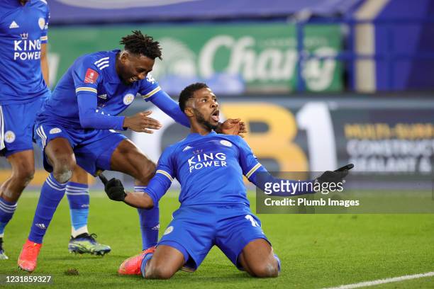Kelechi Iheanacho of Leicester City celebrates after scoring to make it 3-1 during the Emirates FA Cup Quarter Final match between Leicester City and...