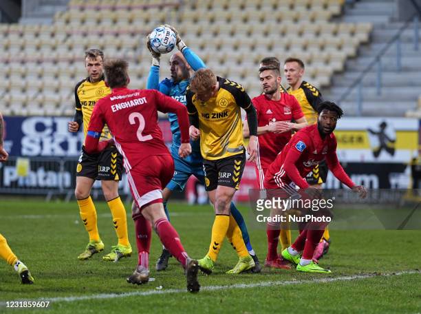 Matej Delac of AC Horsens during the Superliga match between Horsens and Lyngby at Horsens stadium, Horsens, Denmark on March 21, 2021.